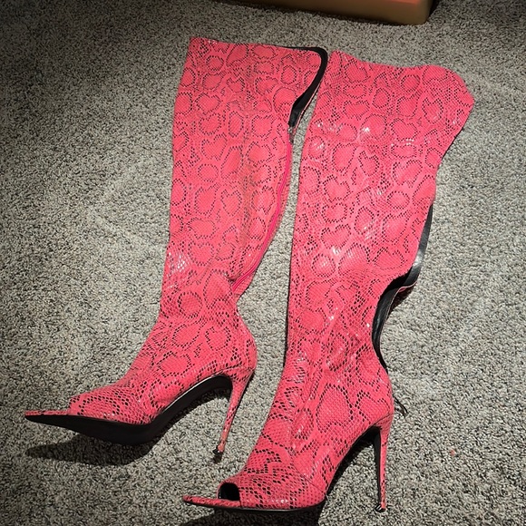 Fashion Nova Shoes Fashion Nova Pink Knee High Snakeskin Peeptoe
